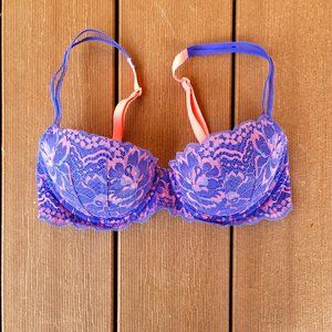 PINK Blue & Coral Lace Balconette Push Up - 32C
